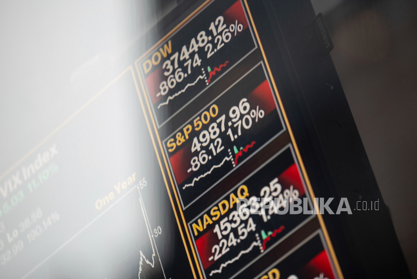Sebuah layar menampilkan harga saham di Nasdaq MarketSite, Senin, 7 April 2025, di New York. 