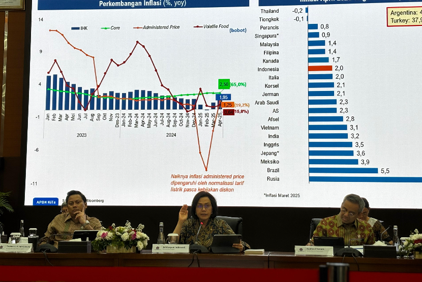 Menteri Keuangan RI Sri Mulyani memaparkan kinerja APBN April 2025 yang surplus Rp 4,3 triliun dalam konferensi pers APBN KiTa di  Aula Juanda 1 Gedung Kemekeu Jakarta, Jumat (23/5/2025).  