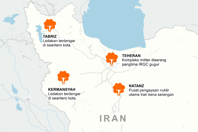 Lokasi serangan Israel ke Iran, Jumat (13/6/2025).