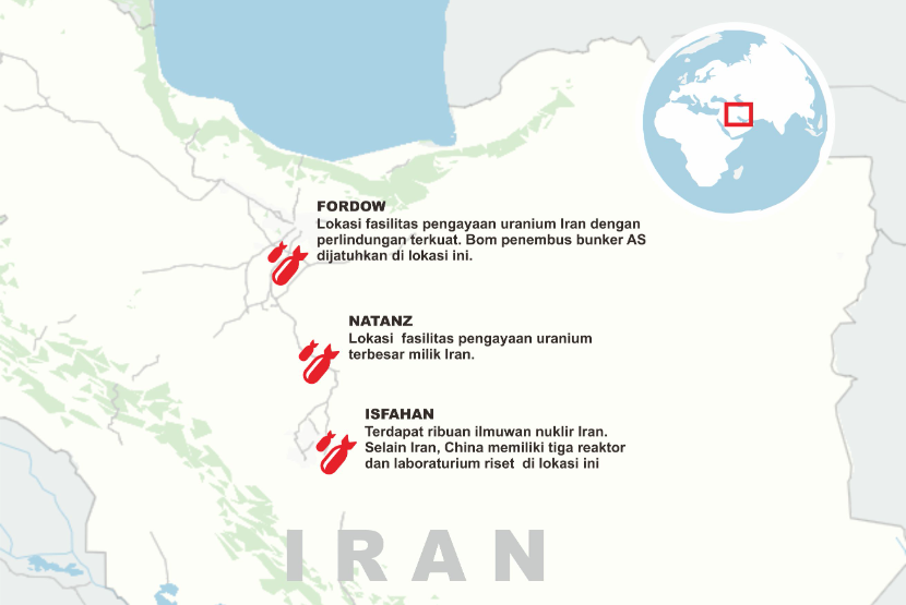 Lokasi pengeboman yang dilakukan militer AS ke Iran pada Ahad (22/6/2025).