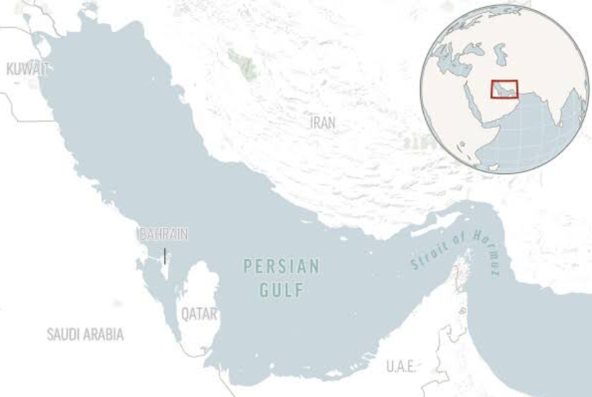 Peta Selat Hormuz. Parlemen Iran dikabarkan telah setuju untuk menutup jalur strategis pengiriman minyak tersebut setelah AS melancarkan serangan ke fasilitas nuklir Iran.