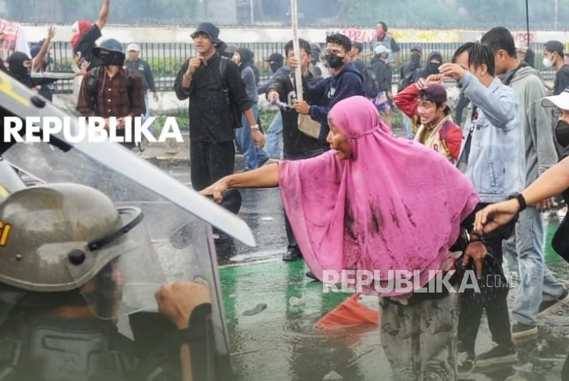 Ibu pendemo berjilbab pink menjadi inspirasi gerakan dan tuntutan 17+8 yang digaungkan sejumlah influencer di medsos saat demo di depan Kompleks Parlemen, Senayan, Jakarta Pusat akhir Agustus 2025.