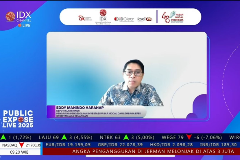 Tangkapan layar Deputi Komisioner Pengawas Pengelolaan Investasi Pasar Modal dan Lembaga Efek Otoritas Jasa Keuangan (OJK) Eddy Manindo Harahap saat membuka gelaran Public Expose (Pubex) 2025 secara virtual, Senin (8/9/2025). 