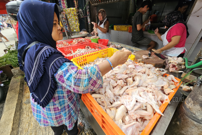 Pedagang daging ayam di Pasar Peterongan, Semarang Selatan, Kota Semarang, Jawa Tengah, Jumat (19/9/2025).
