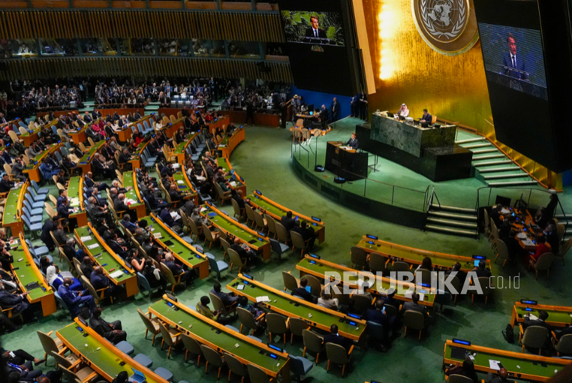 Suasana pertemuan tingkat tinggi di PBB yang membahas solusi dua negara Israel-Palestina Senin, 22 September 2025, di markas besar PBB.