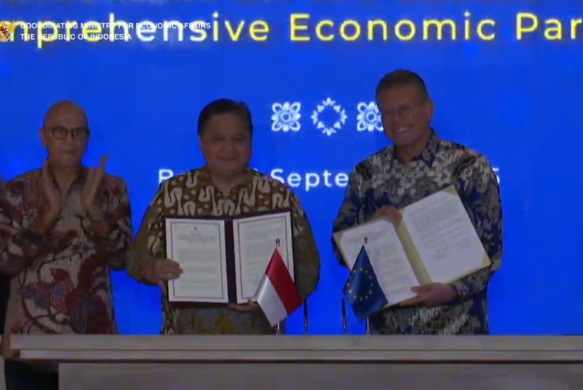 Tangkapan layar Joint Announcement on the Substantive Conclusion of the Indonesia–EU Comprehensive Economic Partnership Agreement di Bali, Selasa (23/9/2025). 