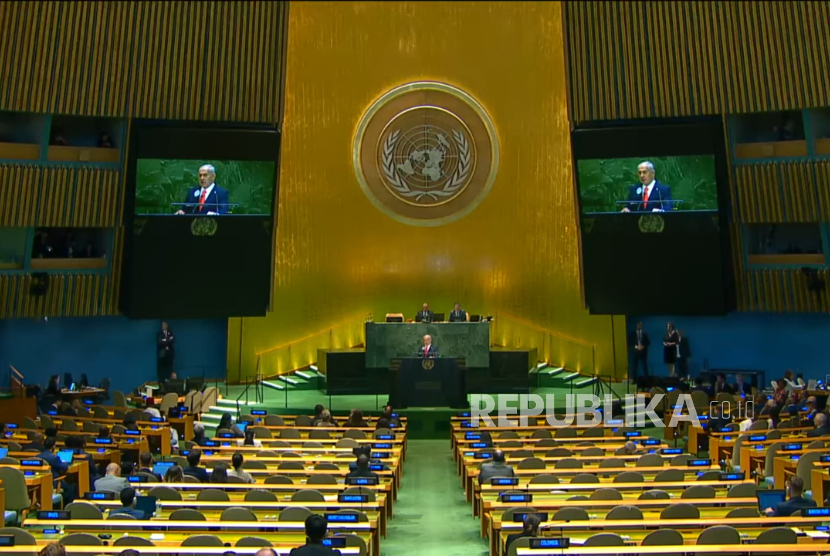 Perdana Menteri Israel Benjamin Netanyahu berpidato di sesi ke-80 Majelis Umum PBB, Jumat, 26 September 2025.