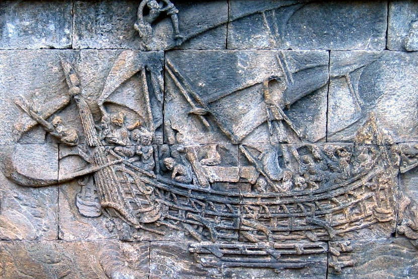 Relief perahu di tembok Candi Borobudur di Magelang yang didirikan sekitar abad ke-8 atau ke-9.