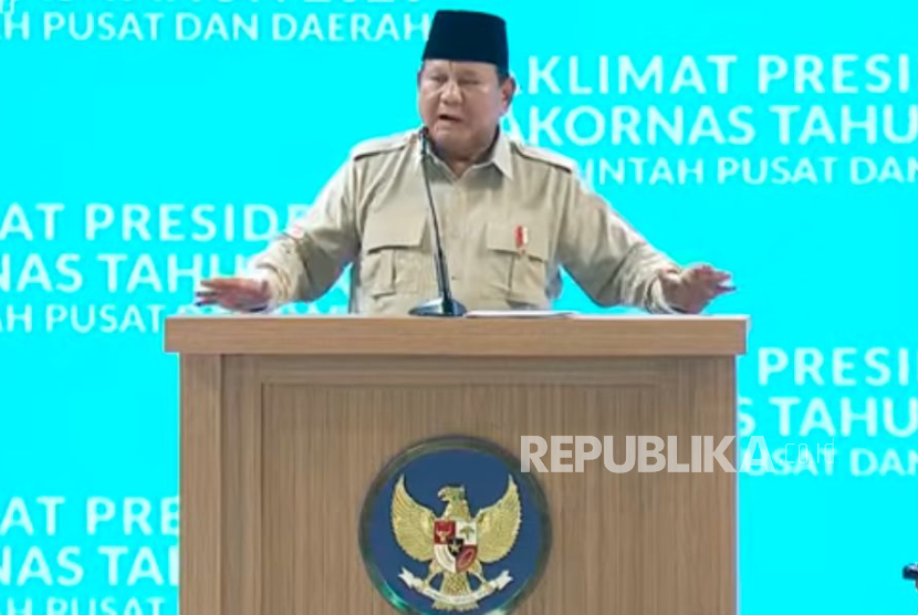 Presiden RI Jenderal (Purn) Prabowo Subianto dalam pidatonya Rapat Koordinasi Nasional (Rakornas) Pemerintah Pusat dan Daerah 2026 di Sentul International Convention Center (SICC), Kabupaten Bogor, Jawa Barat, Senin (2/2/2026).
