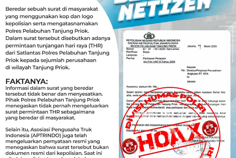 Surat Polres Pelabuhan Tanjung Priok ke pengusaha minta THR dinyatakan hoaks.