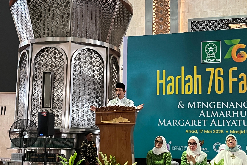 Menteri Agama Nasaruddin Umar saat menghadiri peringatan Harlah ke-76 Fatayat NU di Masjid Istiqlal, Ahad (17/5/2026).