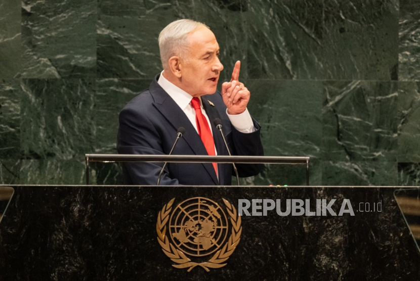 Perdana Menteri Israel Benjamin Netanyahu berbicara dalam Debat Umum sesi ke-81 Majelis Umum Perserikatan Bangsa-Bangsa (UNGA) di Markas Besar PBB di New York, New York, AS, 24 September 2026. 