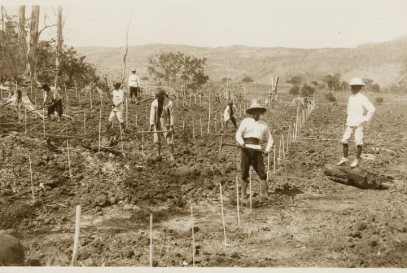 Petugas dari Dinas Kehutanan yang sedang melihat lahan yang terbakar tahun 1927. 