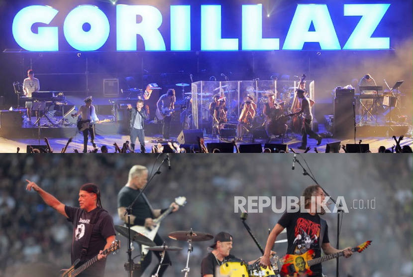 Band Gorillaz (atas) dan Band Metallica (bawah). Ada perbedaan kontras antara vokalis Gorillaz Damon Albarn dan vokalis Metallica James Hetfield ketika memaknai fungsi panggung konser. 