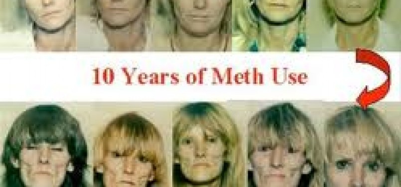 A campaign poster shows scary pictures of some meth users. (illustration)