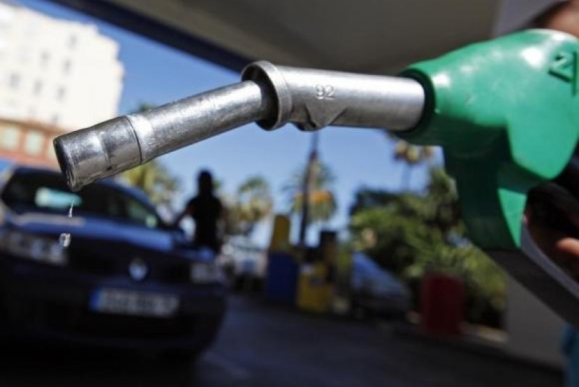 A customer uses a petrol nozzle to fill up his tank in a gas station in Nice August 27, 2012. 