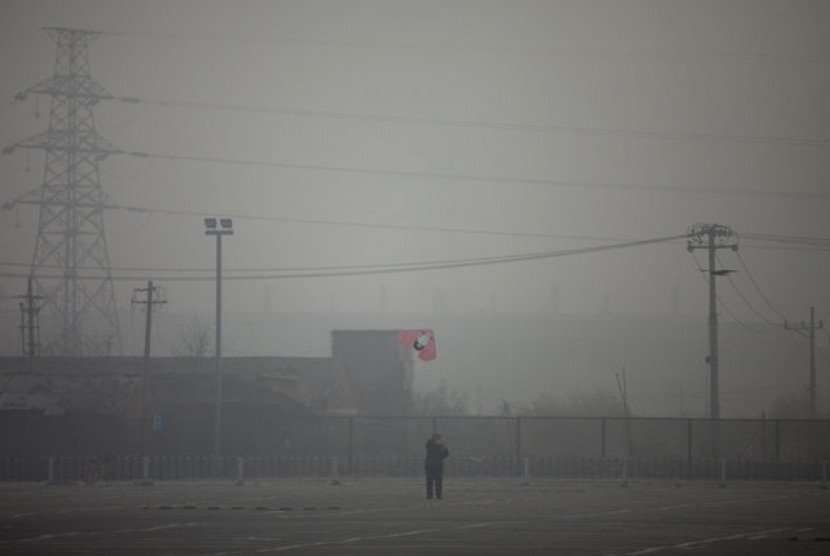 A man flies a kite near electricity pylons on a hazy day in Beijing Saturday, Jan. 12, 2013. Air pollution levels in China's notoriously dirty capital were at dangerous levels Saturday, with cloudy skies blocking out visibility and warnings issued for peop