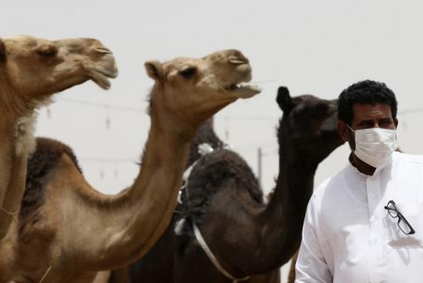 A man wearing a mask looks on as he stands in front of camels at a camel market in the village of al-Thamama near Riyadh May 11, 2014.