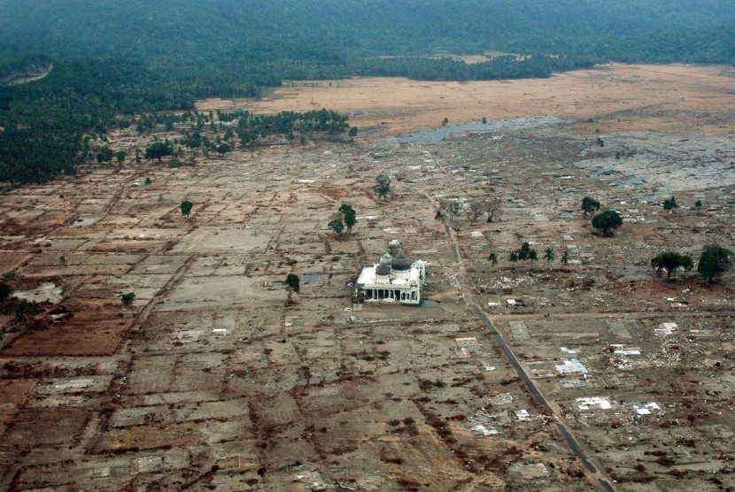 A mosque is the only building surviving from tsunami on December 26, 2004. The picture is taken on January 4, 2005. 