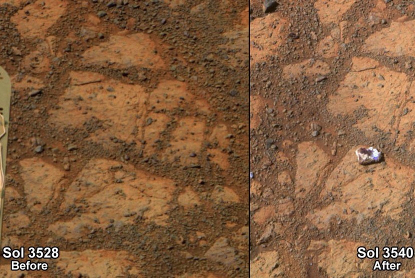 A NASA combination handout photograph shows the surface of Mars in front of the Mars rover on December 26, 2013 (left) and on January 8, 2014. 