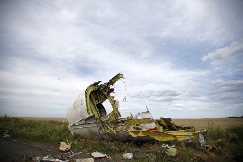 A part of the wreckage is seen at the crash site of the Malaysia Airlines Flight MH17 near the village of Hrabove (Grabovo), in the Donetsk region, Ukraine, July 21, 2014.