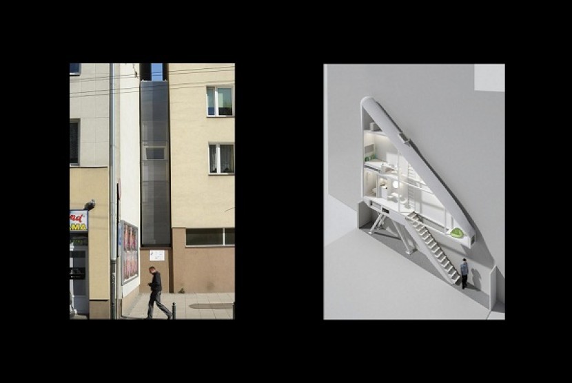A passerby walks past one of the world's narrowest houses, in Warsaw, Poland, Friday, Oct. 19, 2012 (left) while the picture on the right is a sketch of the building's inside.  