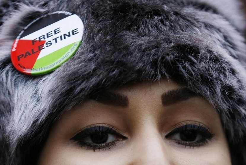 A pro-Palestinian demonstrator protests outside the Israeli Embassy in London November 17, 2012.   