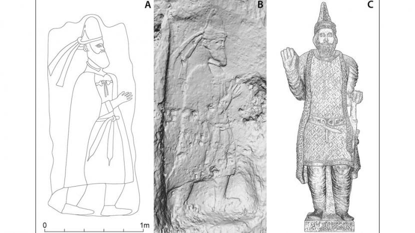  A. Relief batu Merquly, (B) Relief Batu Rabana; dan (C) patung Raja Adiabene.