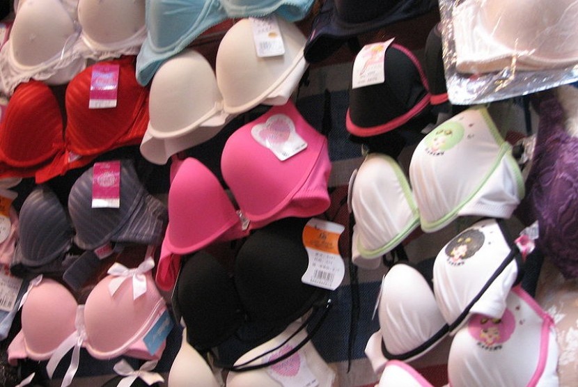 A selection of bras are on display in a retail store. (illustration)