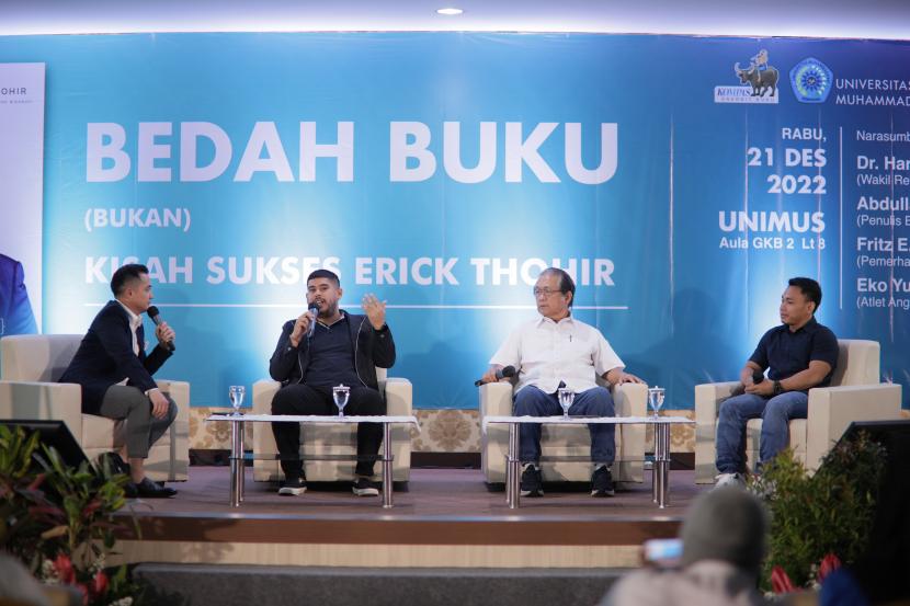 Acara bedah buku (Bukan) Kisah Sukses Erick Thohir, yang digelar di aula Gedung Kuliah Bersama (GKB) II, kampus Universitas Muhammadiyah Semarang (UNIMUS), Rabu (21/12/2022).