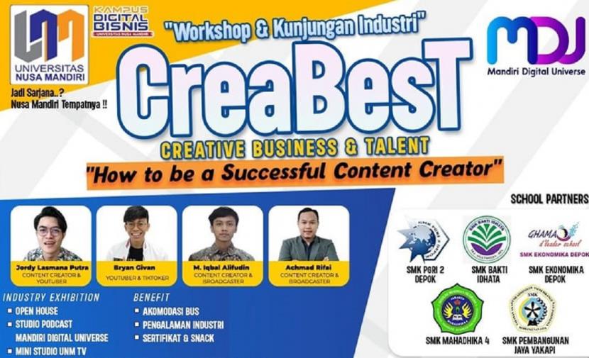 Acara CreaBesT ini (Creative Business and Talent) dengan tema How to be Success Content Creator akan dilaksanakan pada pekan depan yakni 7-9 November 2022 di Universitas Nusa Mandiri (UNM) kampus Margonda.
