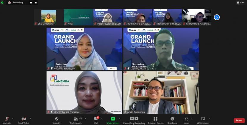 Acara Grand Launching Asosiasi Program Studi Ekonomi Islam Indonesia (APSEII) yang digelar Sabtu (15/4/2023) melalui platform Zoom.