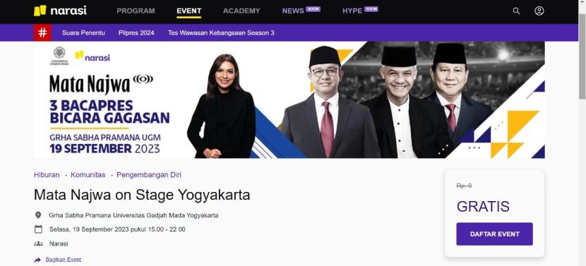 Acara Mata Najwa on Stage: Bacapres Bicara Gagasan yang digelar di Grha Sabha Pramana UGM, Selasa (19/9/2023).