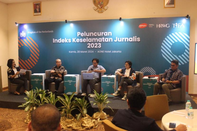  Acara peluncuran Indeks Keselamatan Jurnalis 2023, di Jakarta, Kamis (28/3/2024).