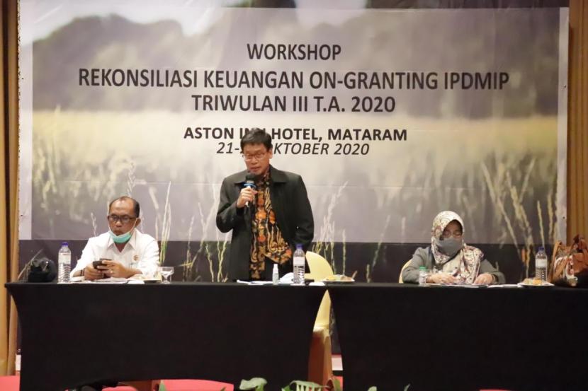 Acara Workshop Rekonsiliasi Keuangan On-Granting IPDMIP Triwulan III Tahun Anggaran 2020 di Aston Inn Hotel, Mataram, Nusa Tenggara Barat (NTB), Rabu (21/10).