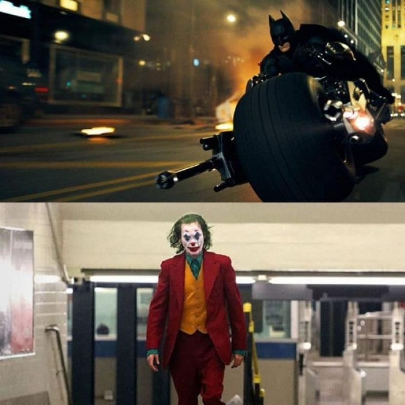 Adegan film The Dark Knight (atas) dan film Joker (bawah).