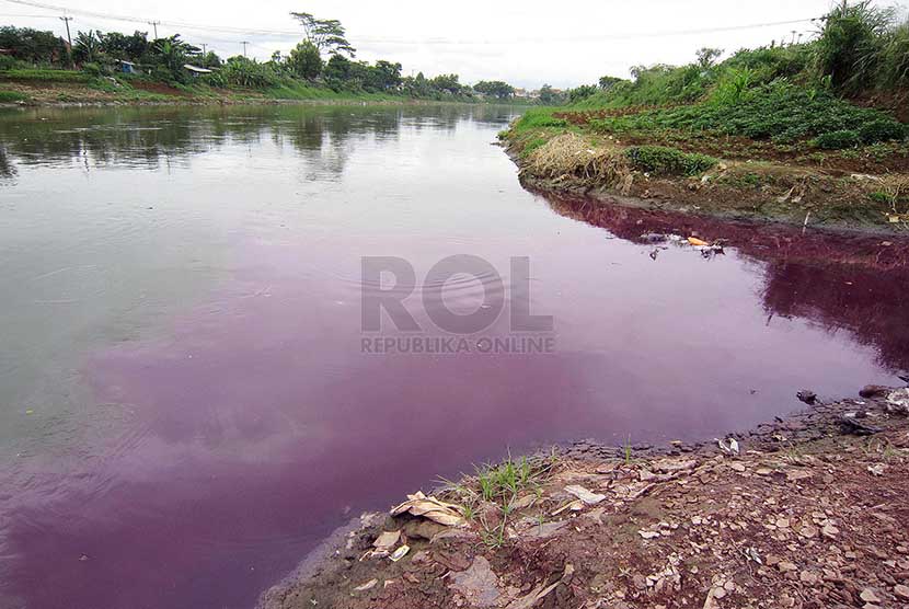 Air bercampur limbah keluar dari sebuah selokan yang bermuara ke Sungai Citarum di daerah Dayeuhkolot, Kabupaten Bandung, Rabu (26/2).