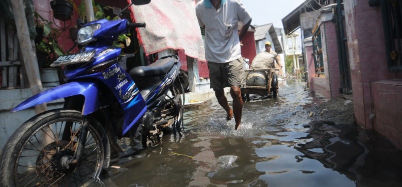 Air rob menggenangi permukiman padat penduduk di Kamal Muara, Jakarta Utara, Selasa (1/11).  (Republika/Aditya)