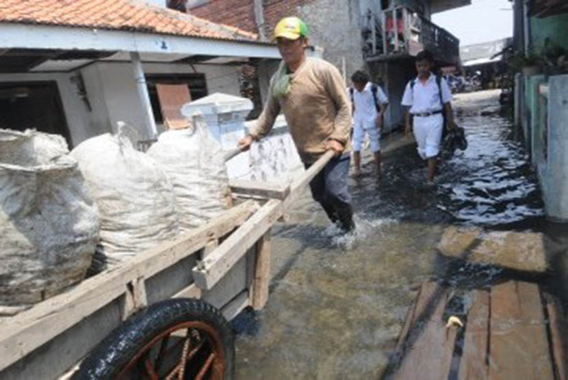 Air rob menggenangi permukiman padat penduduk di Kamal Muara, Jakarta Utara, Selasa (1/11).  (Republika/Aditya)