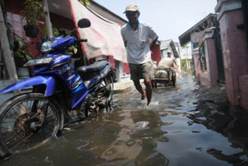 Air rob menggenangi permukiman padat penduduk di Kamal Muara, Jakarta Utara, Selasa (1/11).  (Republika/Aditya)