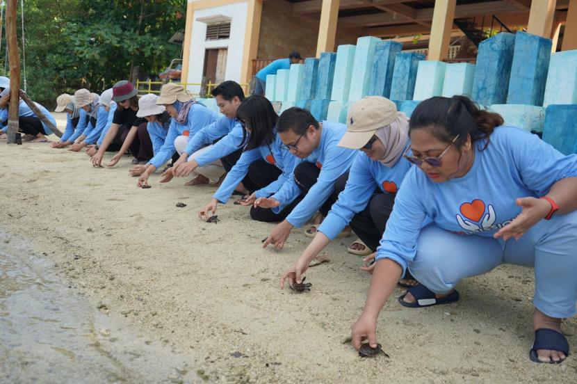 Aksi pelepasan tukik di Pulau Kelapa Dua, Jakarta. 