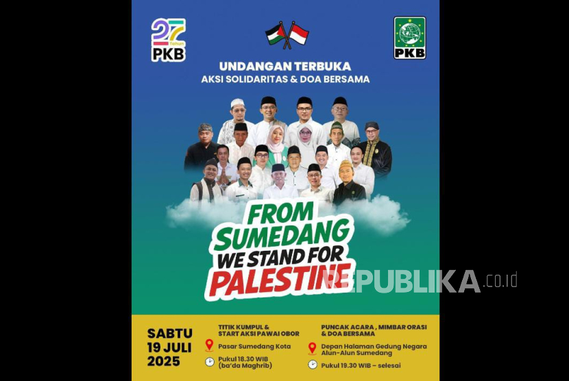 Aksi solidaritas dan doa bersama untuk Palestina akan digelar pada Sabtu (19/7/2025) mendatang oleh DPC PKB Kabupaten Sumedang.