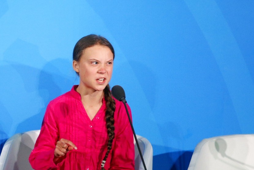 Aktivis lingkungan dari Swedia Greta Thunberg saat berbicara di Climate Action Summit di Majelis Umum PBB di Markas PBB, New York, Senin (23/9).