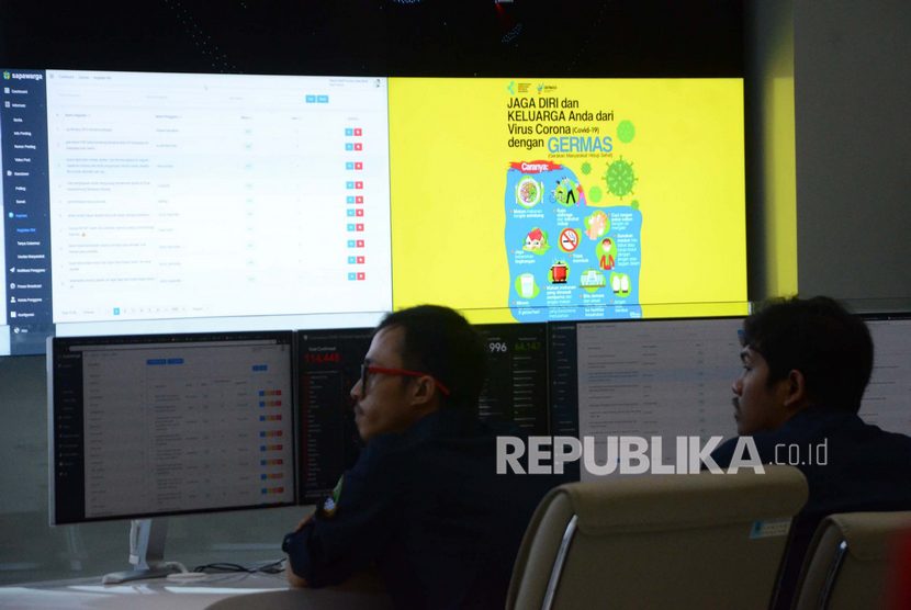 Aktivitas petugas di Command Center Jawa Barat, di Gedung Sate, Kota Bandung. Tempat tersebut salah satunya dimanfaatkan sebagai Pusat Informasi dan Koordinasi Covid-19 Jawa Barat (Pikobar). Pengujian PCR Pikobar kini beralih ke sistem NAR.