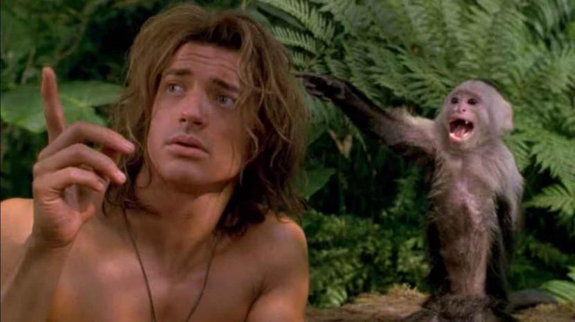 Aktor Brendan Fraser (kiri) ketika berakting dalam film George of the Jungle. Ada momen tak terlupakan ketika dia berakting dengan monyet bernama Mr Binks (kanan). (ilustrasi)