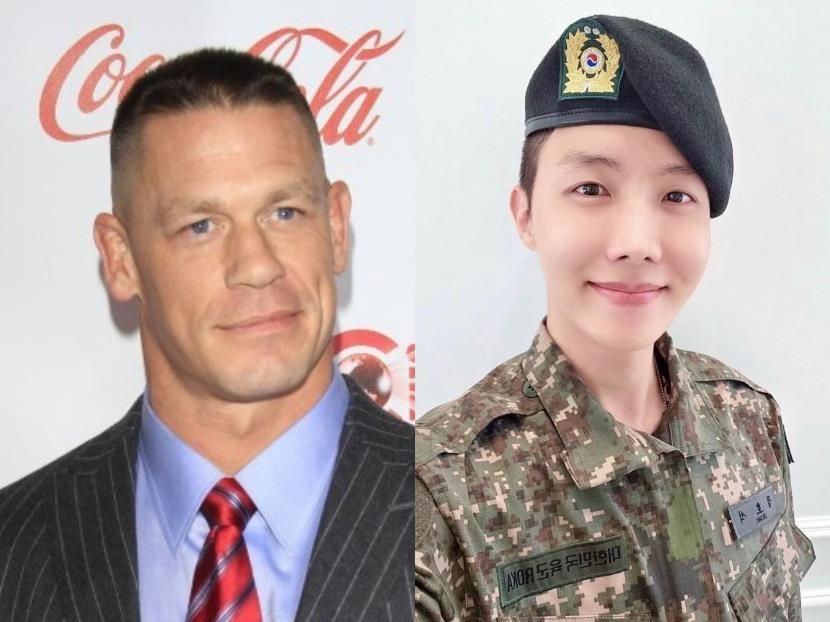 Aktor John Cena (kiri). Cena merupakan fans sejati BTS. Dia mengungkapkan kerinduannya kepada J-Hope (kanan) yang sedang menjalani wajib militer (wamil).