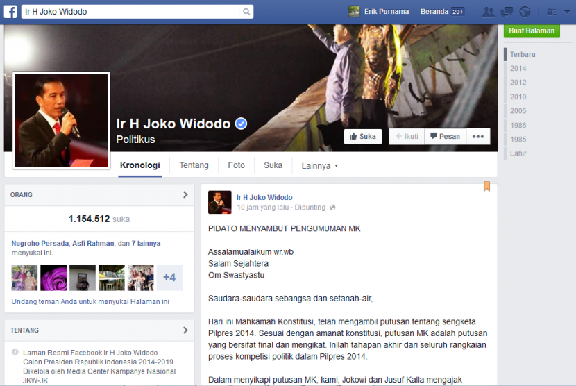 Akun Facebook Jokowi yang memuat pidato kemenangan menyambut putusan MK.