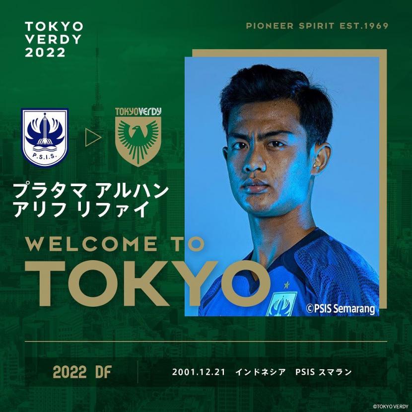 Akun Instagram resmi klub J2 League, Tokyo Verdy mengumumkan perekrutan Pratama Arhan dari PSIS Semarang, Rabu (16/2/2022).