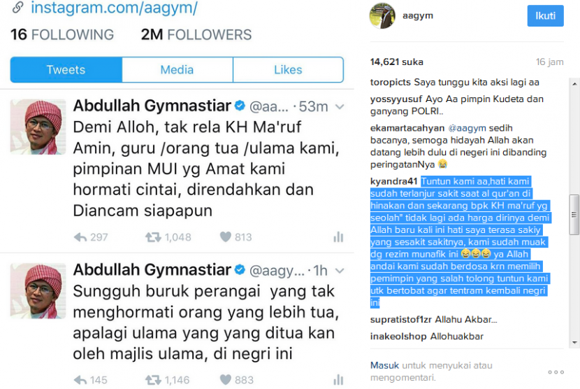 Akun Instagram Ustaz Abdullah Gymnastiar atau Aa Gym yang geram mengetahui Ketua Umum MUI, KH Ma'ruf Amin diancam terdakwa kasus penistaan agama, Basuki Tjahaja Purnama alias Ahok.