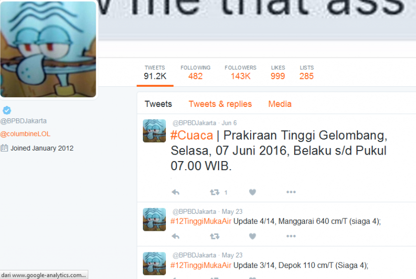 Akun Twitter BPBD DKI Jakarta yang diretas, Ahad (2/10).